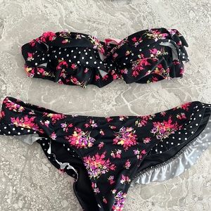 Victoria’s Secret Matching Polka Dot Floral Cheeky Bikini Strapless Top
